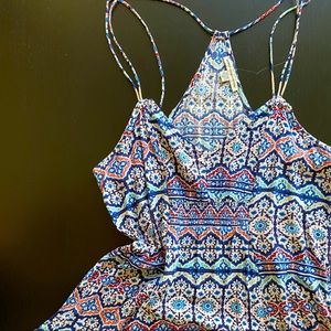 American Eagle floor length cotton dress in blue, red, and white paisley print